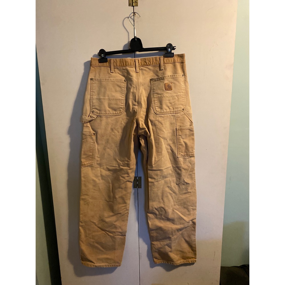 Carhartt Double Front Logger Pants Mens 35x30 Tan Fair Distressed Duck Canvas